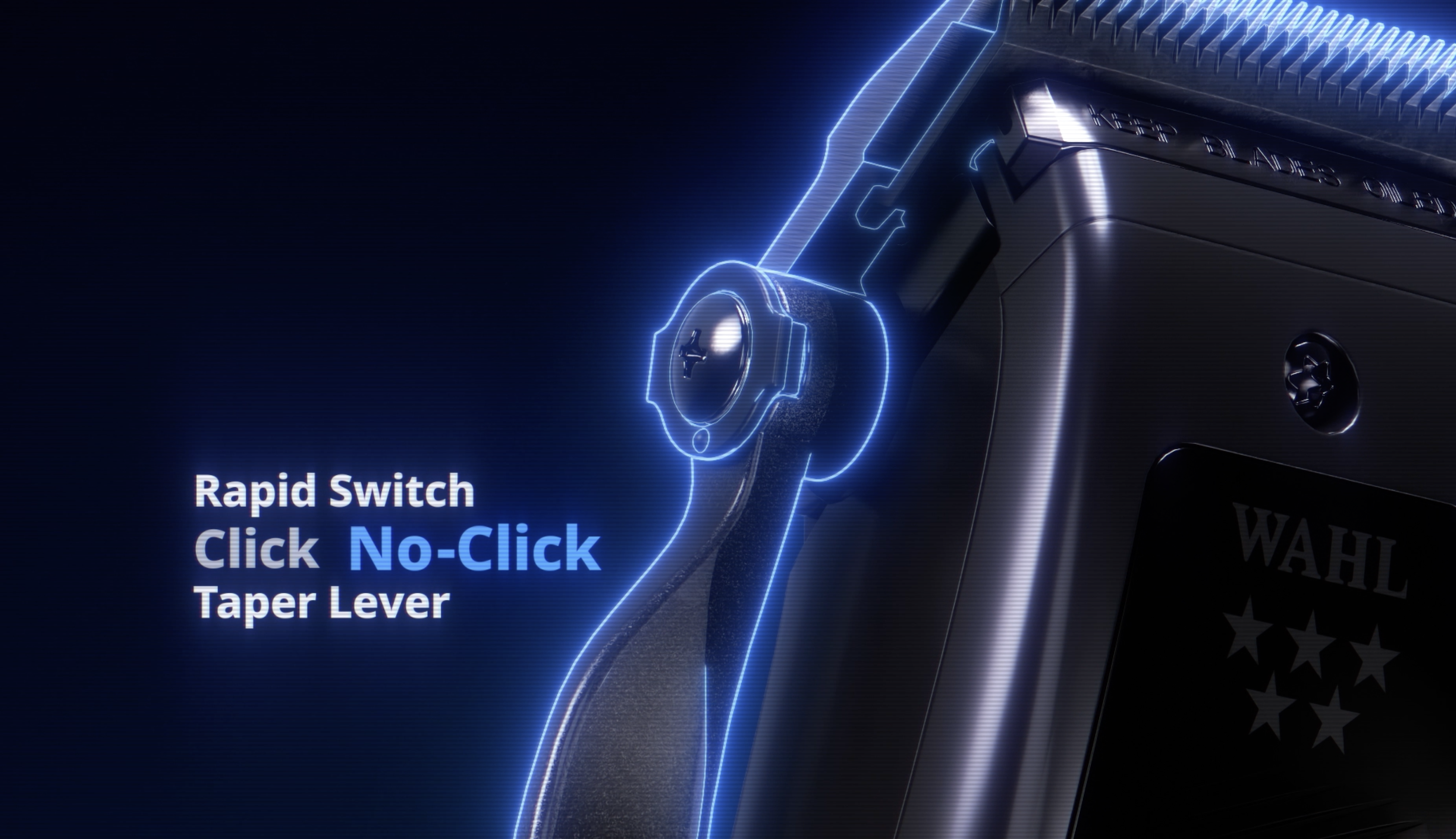 Primo piano CGI della leva Rapid Switch clic/senza clic